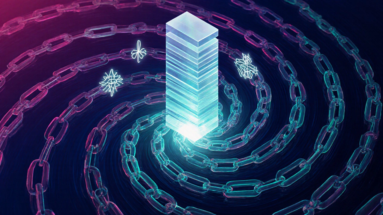 Abstract swirl of interlinked chains, rollup tower, and zk‑proof symbols representing future consensus trends.