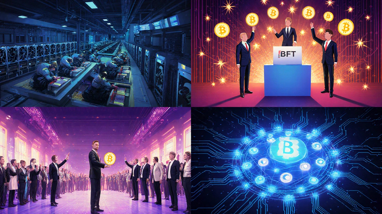 Four panels illustrating PoW miners, PoS validators, DPoS delegates voting, and PBFT node communication.