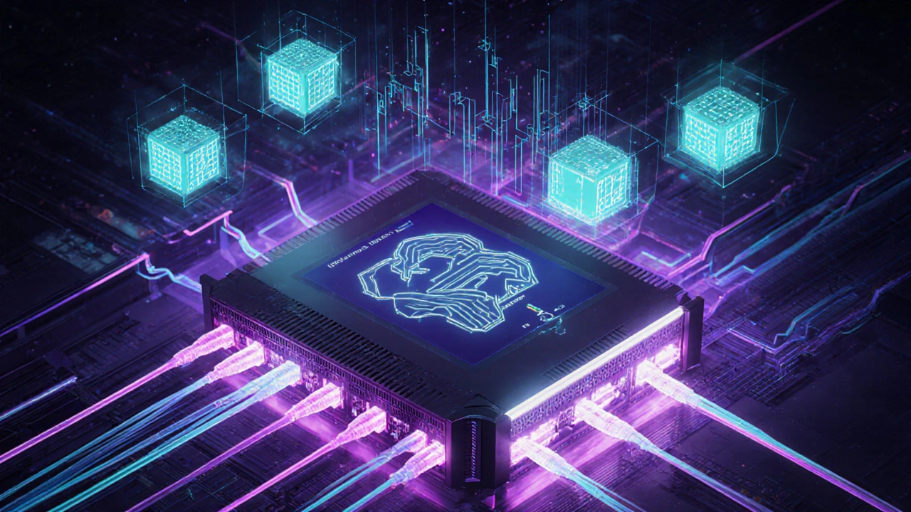 Futuristic data center with fiber optics and shard clusters visualizing fast propagation.