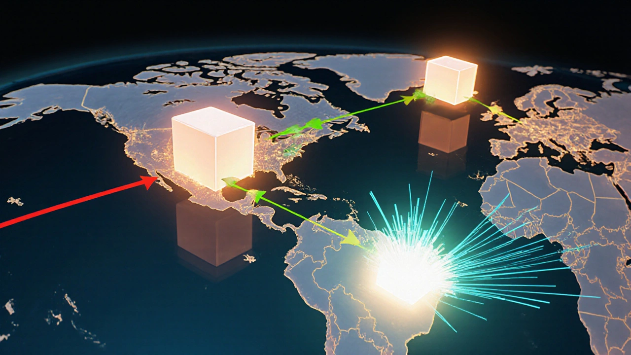 World map shows large and small blocks moving over fast and slow network routes.