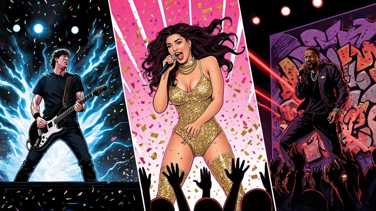Comic‑style panels showing Foo Fighters, Lizzo, and Kendrick Lamar performing on colorful stages.