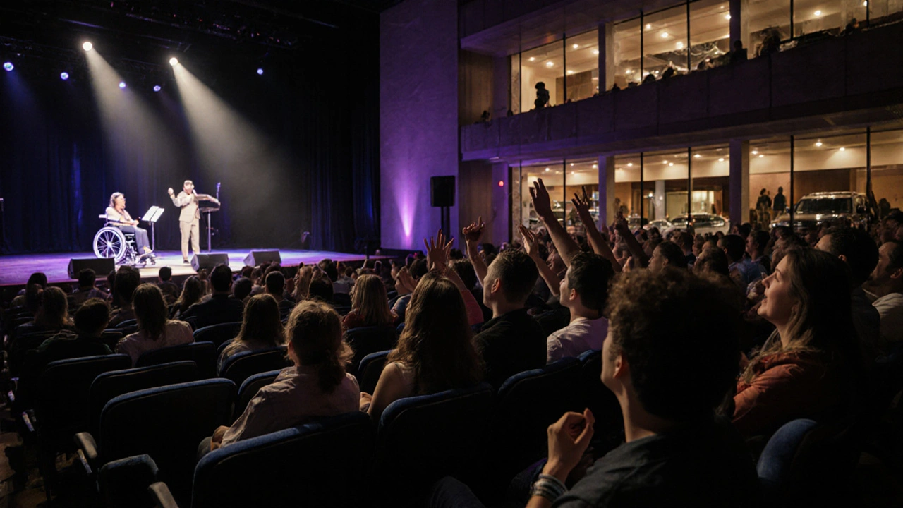 Concert audience inside a hall with diverse attendees, families, and accessible seating.