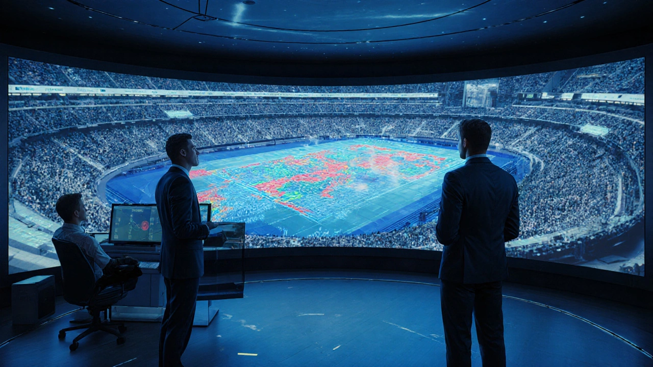 Control room showing engineers monitoring live seismic data from the stadium.