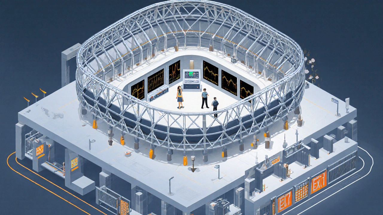 Cross‑section illustration of a concert arena showing seismic isolators and monitoring equipment.