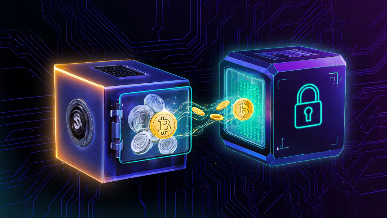 Cyber‑punk scene of a bridge locking, minting, and redeeming tokens between mainnet and sidechain.