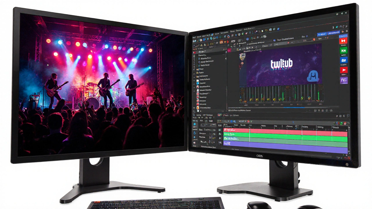 Dual monitor showing live concert on left and OBS interface with chat on right.