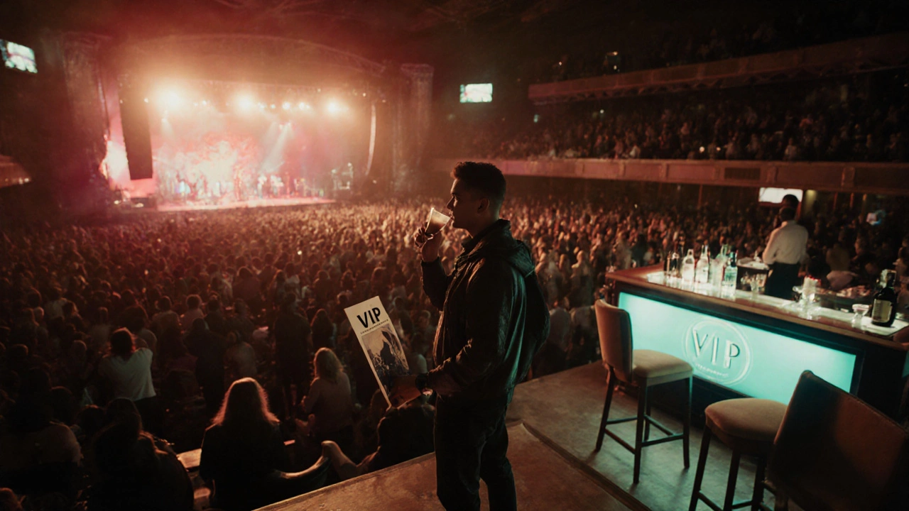 Early entry VIP fan enjoys concert from prime spot with drinks and exclusive merch.