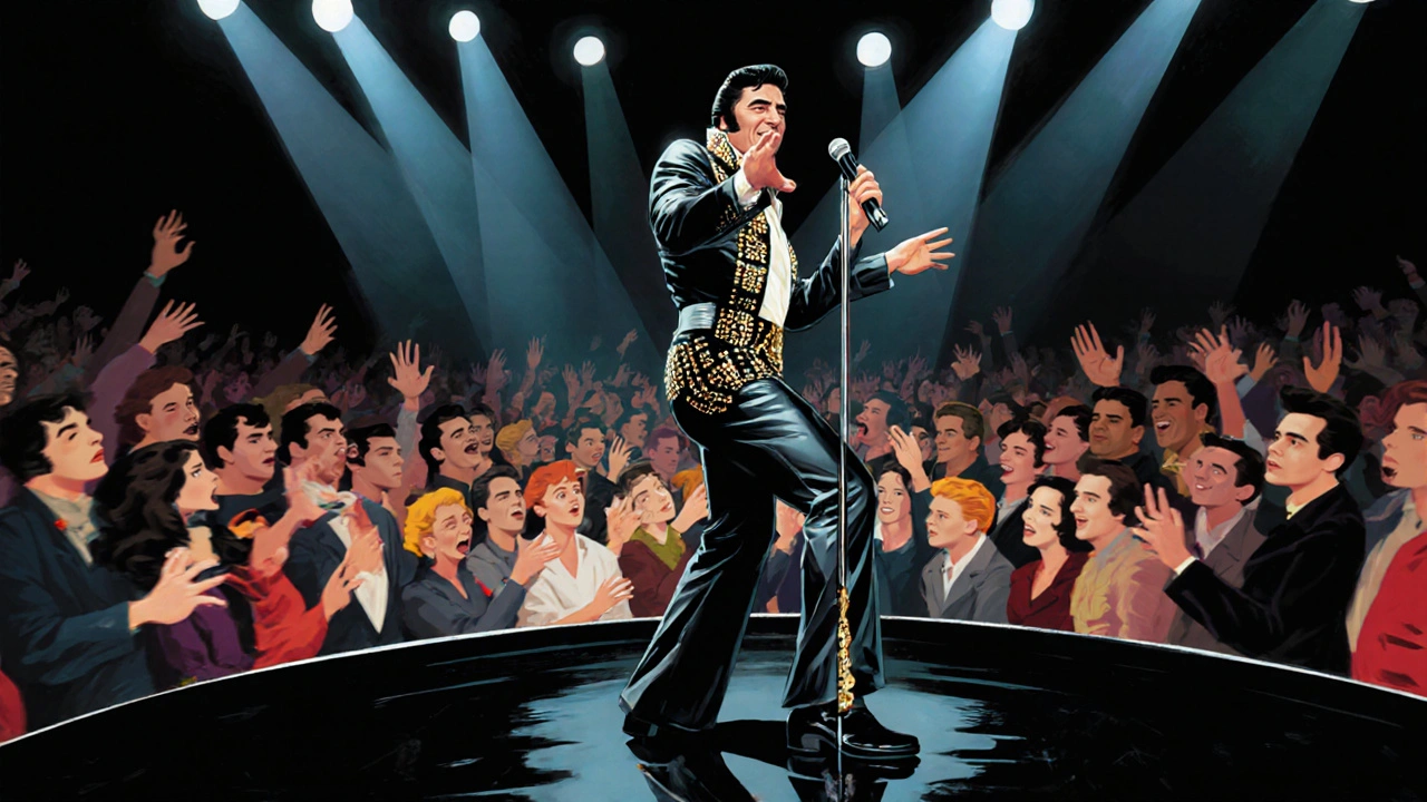 Elvis shaking hips on Ed Sullivan stage, bright spotlights and excited audience.