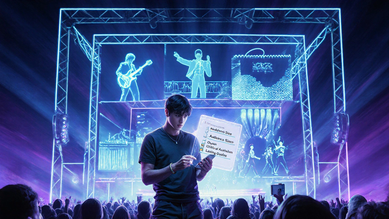 Fan checking a digital checklist beside a holographic stage merging historic concert silhouettes.