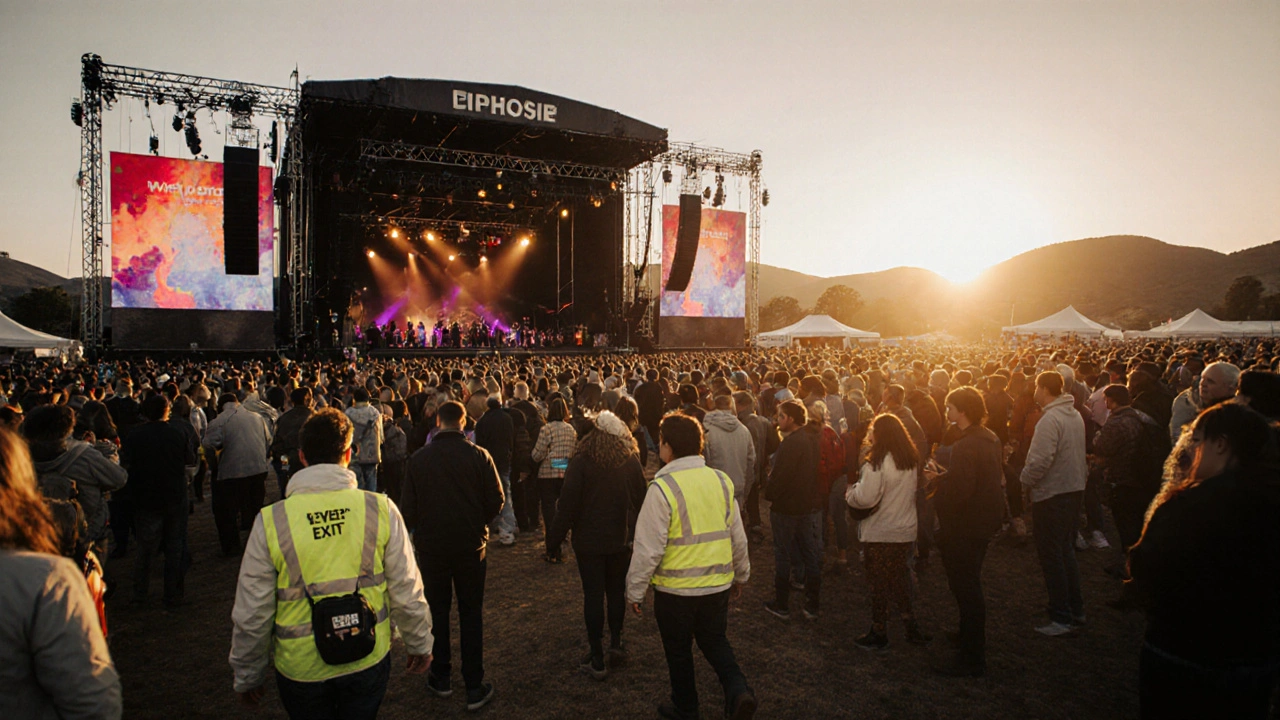Festival crowd at sunrise with safety staff and reinforced stage, showing earthquake preparedness.