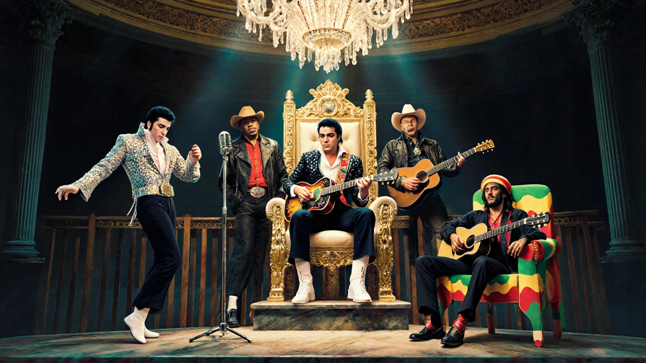 Five music legends on a regal dais, each holding genre‑specific instruments.