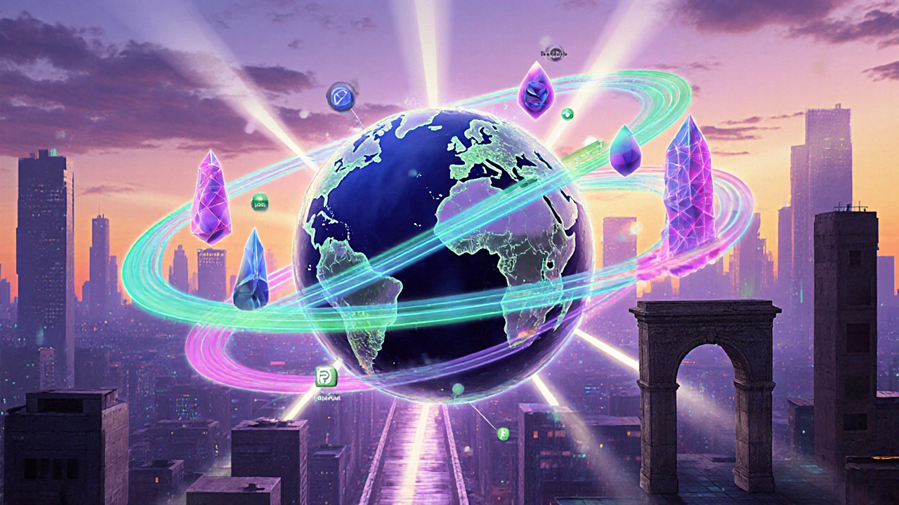 Futuristic cityscape with glowing sidechain ribbons connecting around a central blockchain globe.