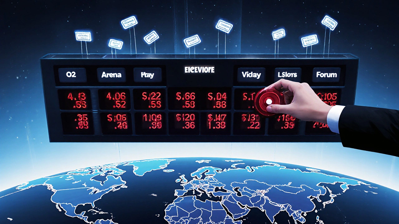 Giant concert scoreboard over a world map, with corporate hand adjusting data dials.