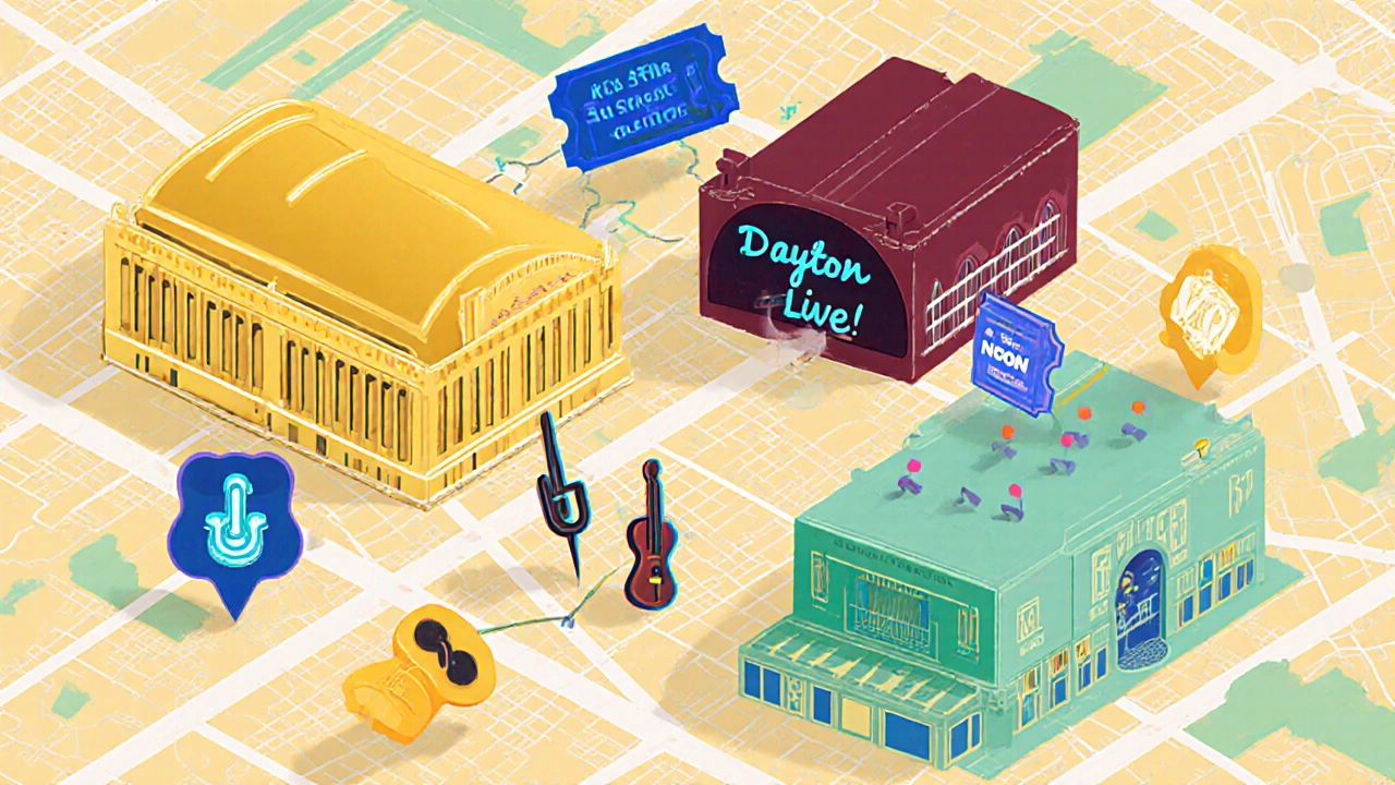 Illustrated city map showing five Dayton concert venues with colorful icons.
