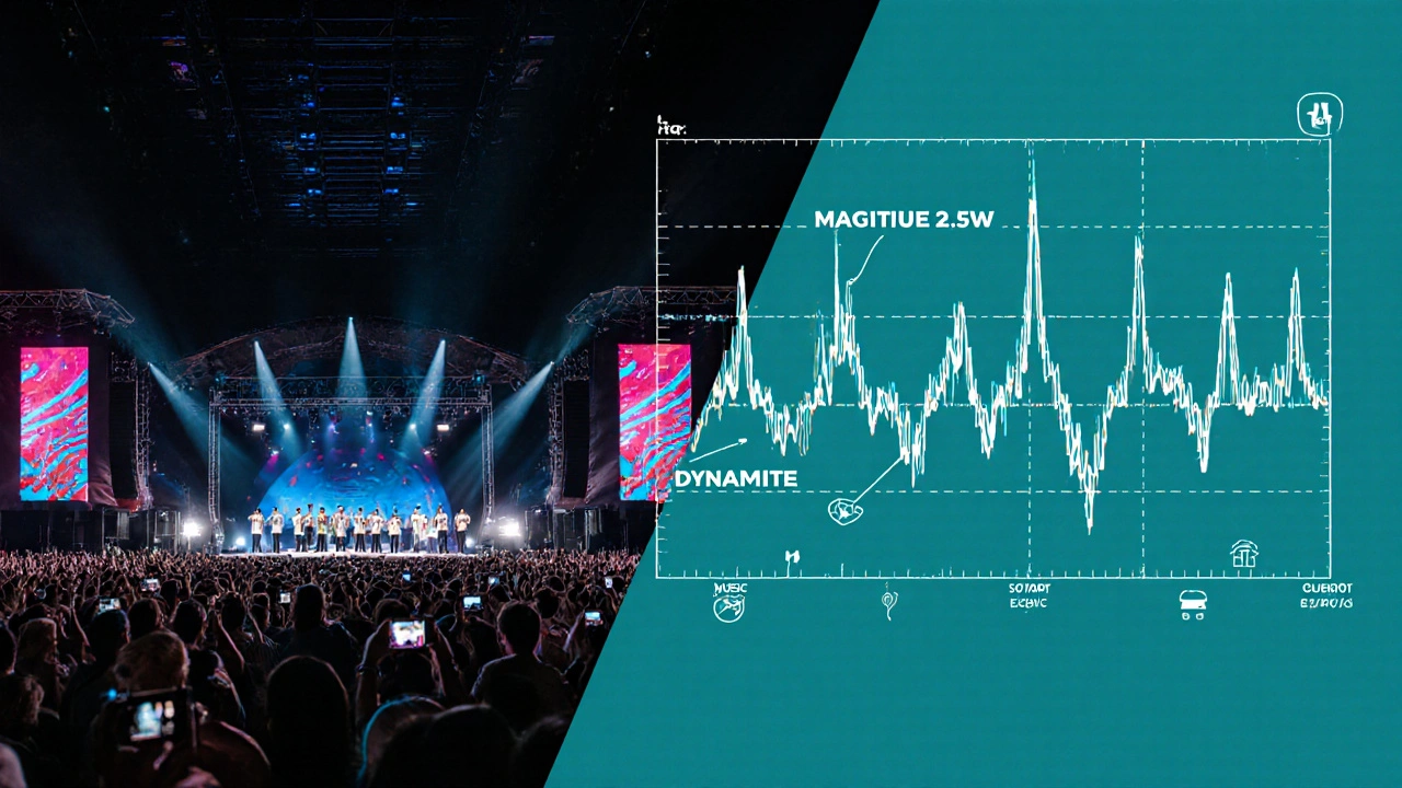 Illustration linking a BTS concert scene with a seismogram showing magnitude 2.5.
