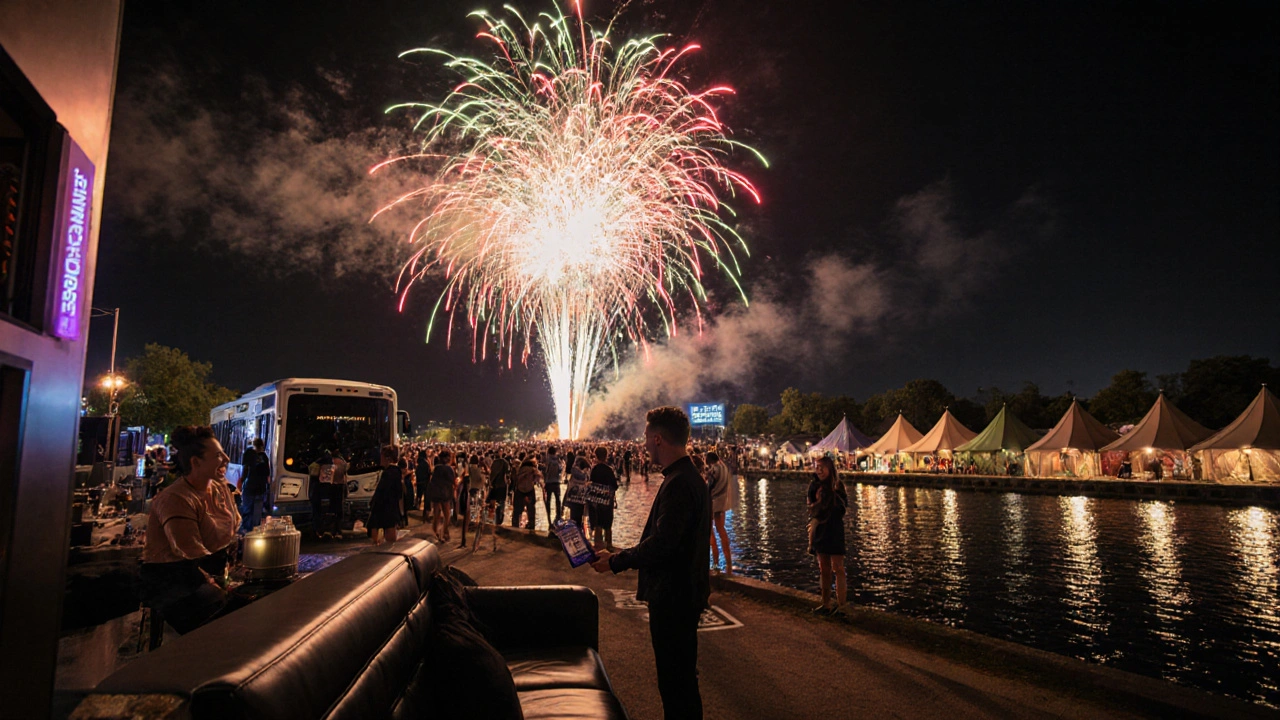 Night scene of fireworks over the stage, VIP lounge, shuttle bus, and nearby festival camping tents.