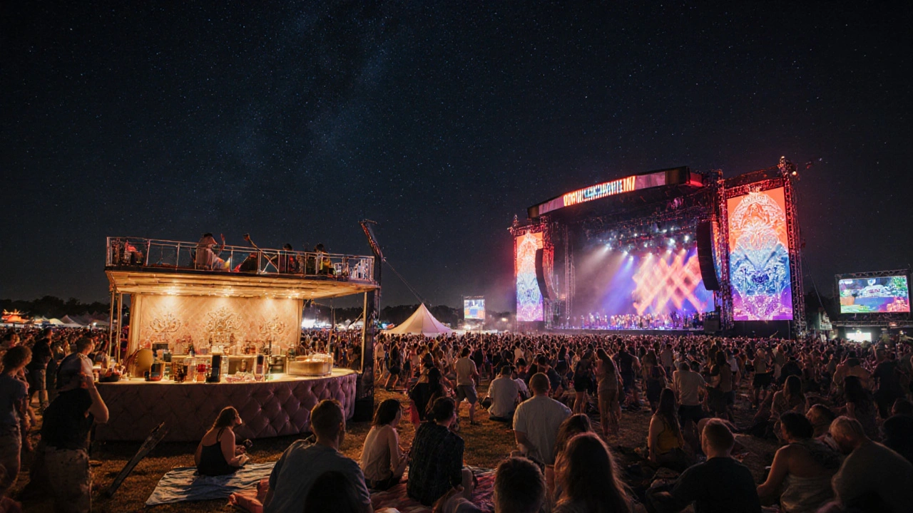 Nighttime festival scene with stage, crowd, and VIP lounge under starry sky.