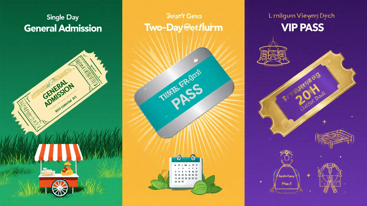 Side‑by‑side illustration of single‑day, two‑day, and VIP tickets with corresponding scenes.