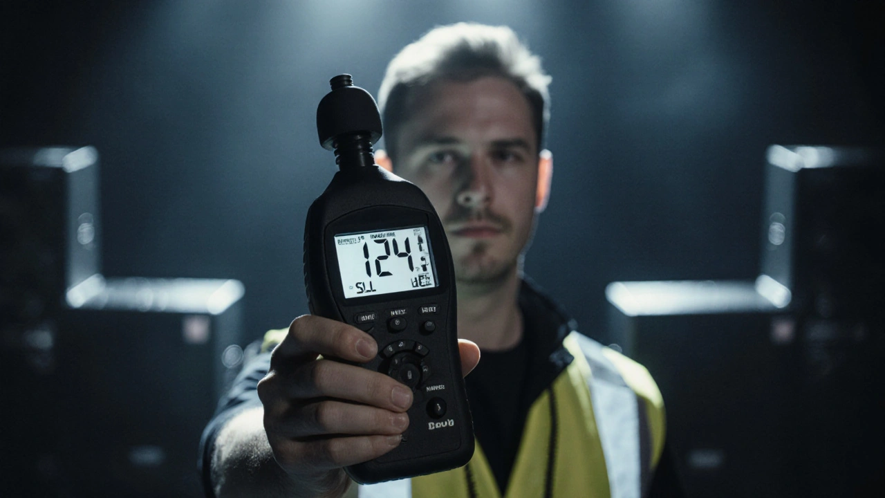 Sound engineer holding a calibrated decibel meter at ear height beside line‑array speakers.