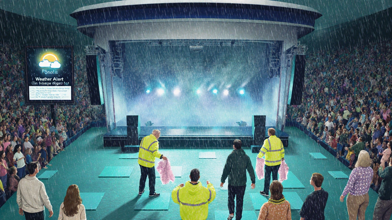 Stadium interior with closed roof, staff distributing ponchos, anti‑slip mats on the floor.