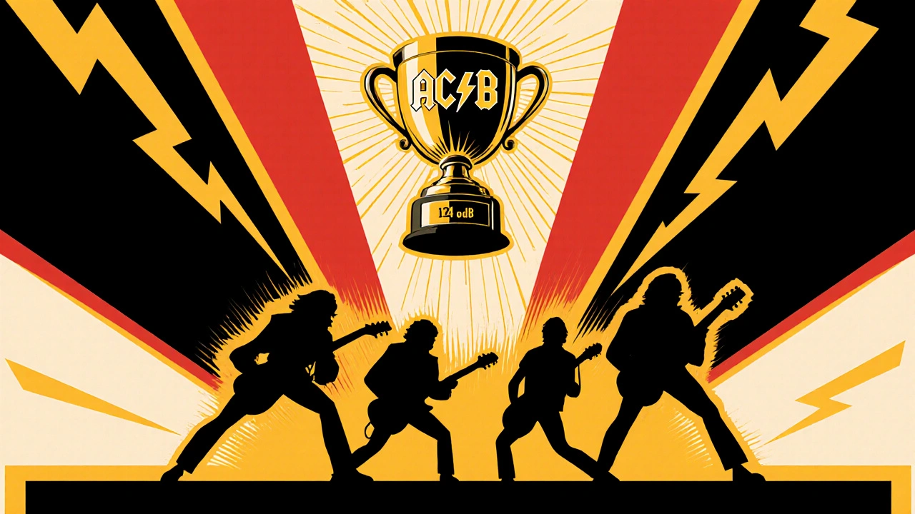 Stylized AC/DC performance with a golden trophy displaying “124 dB” and vibrant concert lighting.