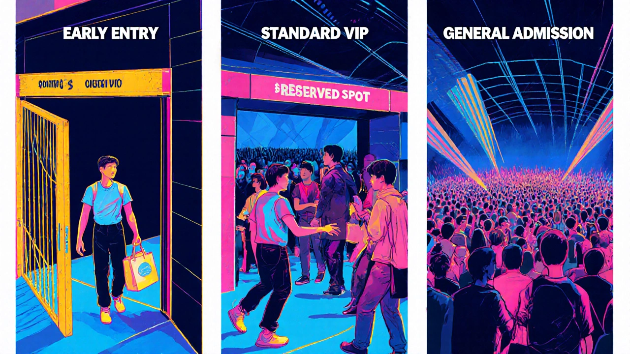 Three panels compare early entry VIP, standard VIP, and general admission concert experiences.