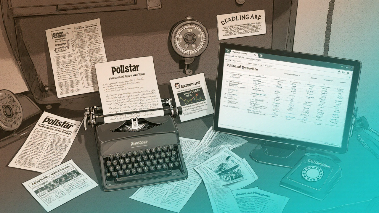 Typewriter and concert flyers fading into a modern digital analytics dashboard.