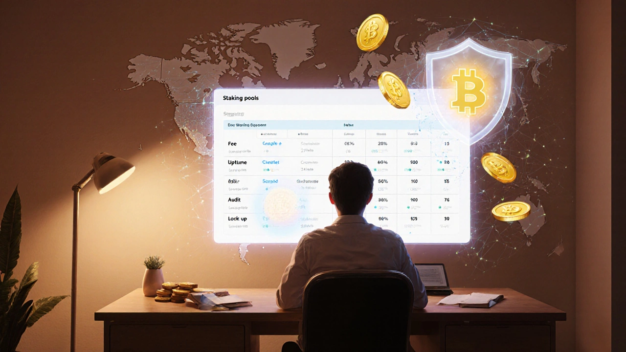 User reviews a holographic staking pool dashboard with security shield and reward coins.