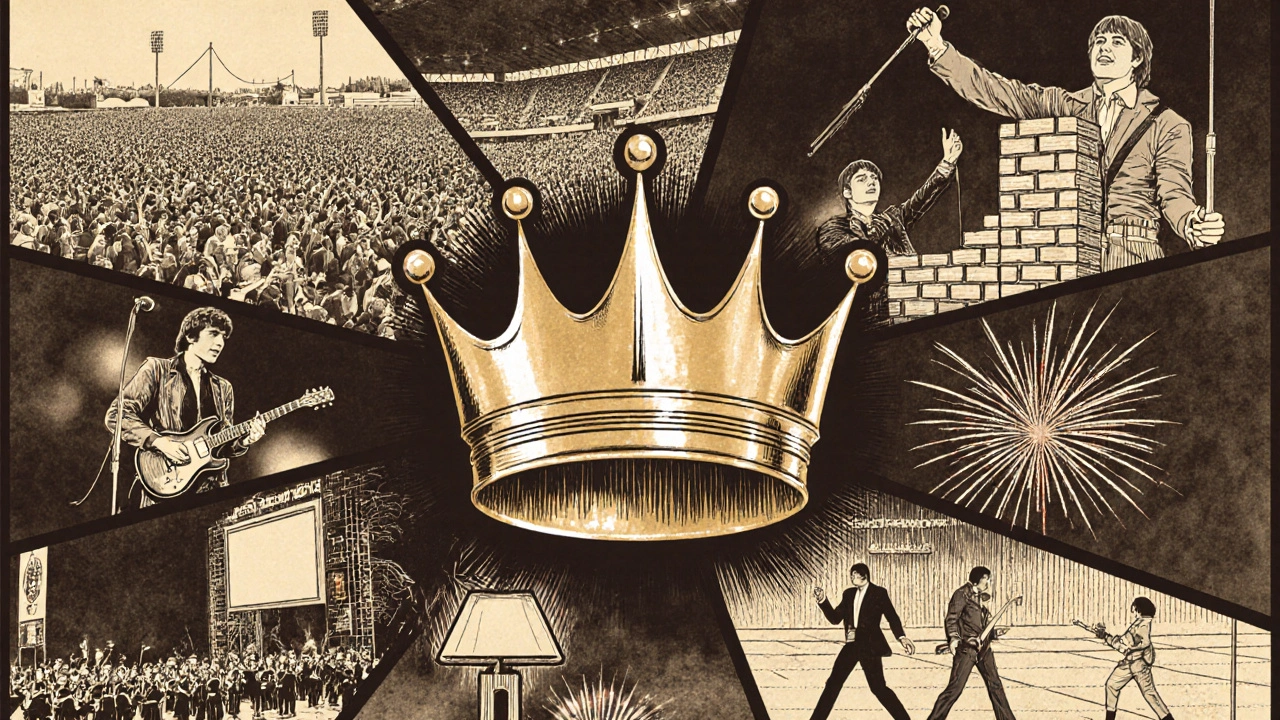 Vintage poster collage of eight legendary concerts surrounding a golden crown.