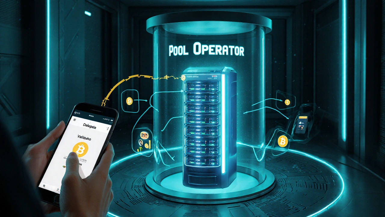 Wallet phone delegates tokens to a pool operator, sending rewards through a validator node.