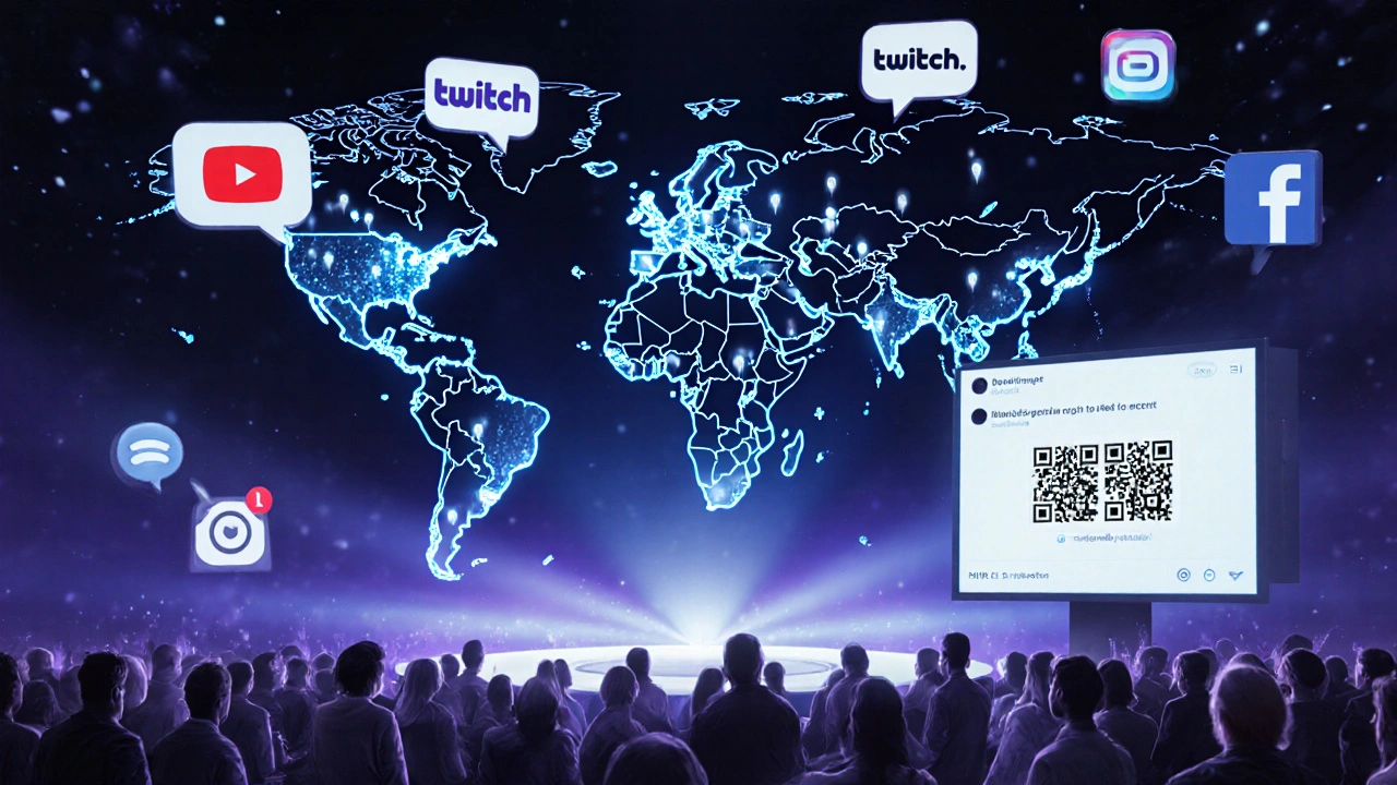 World map with glowing viewer pins, chat bubbles, and platform icons around a concert stage.