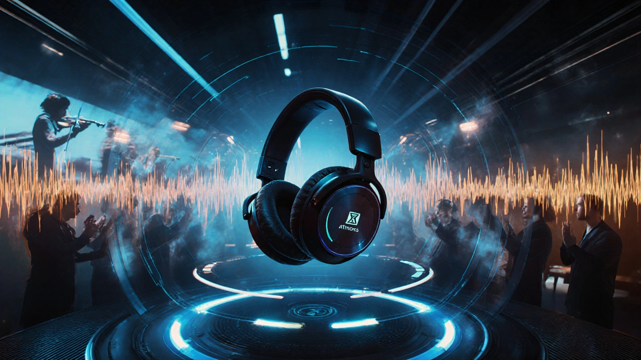 3D audio waves swirling around headphones in an immersive spatial sound environment.