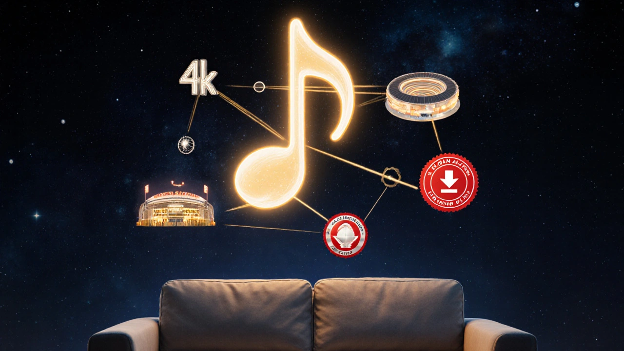 A glowing music note morphing into iconic concert venues with premium streaming icons.