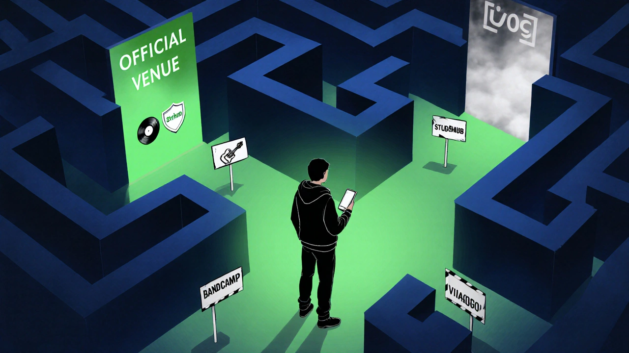 A maze with four ticket-buying paths, one glowing green, representing the safest option.