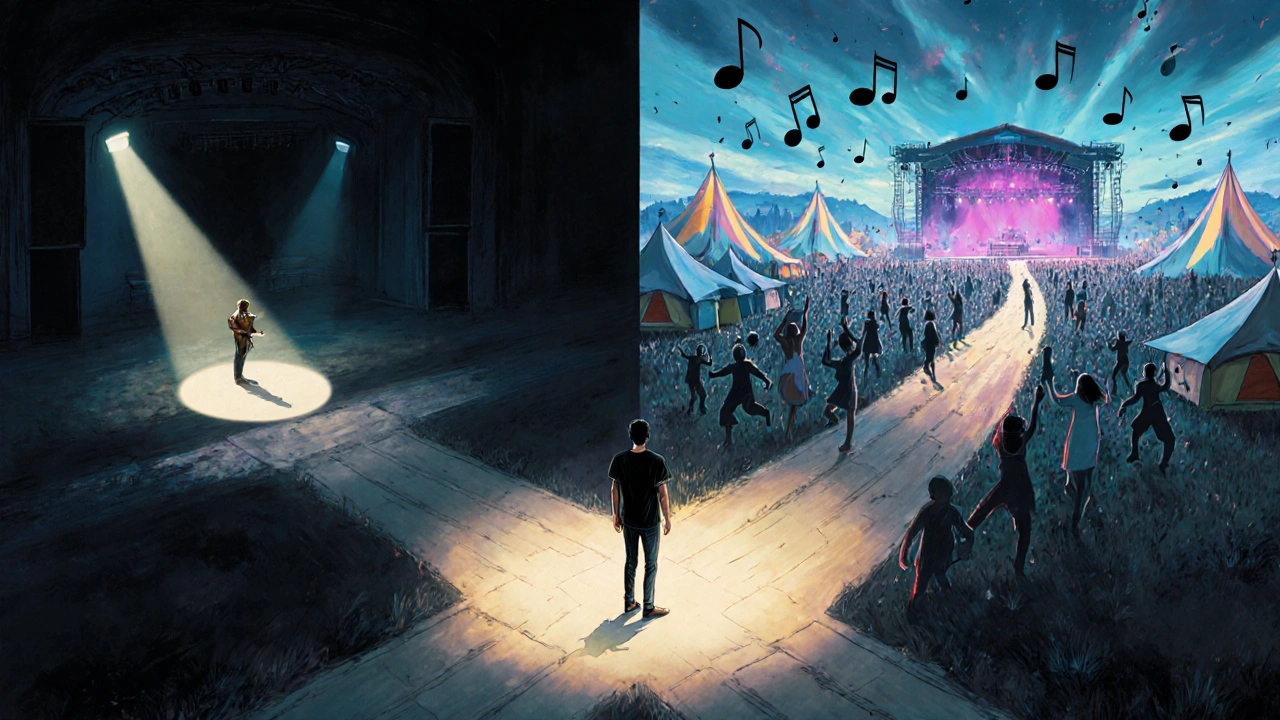 A person choosing between an intimate concert and a sprawling music festival.