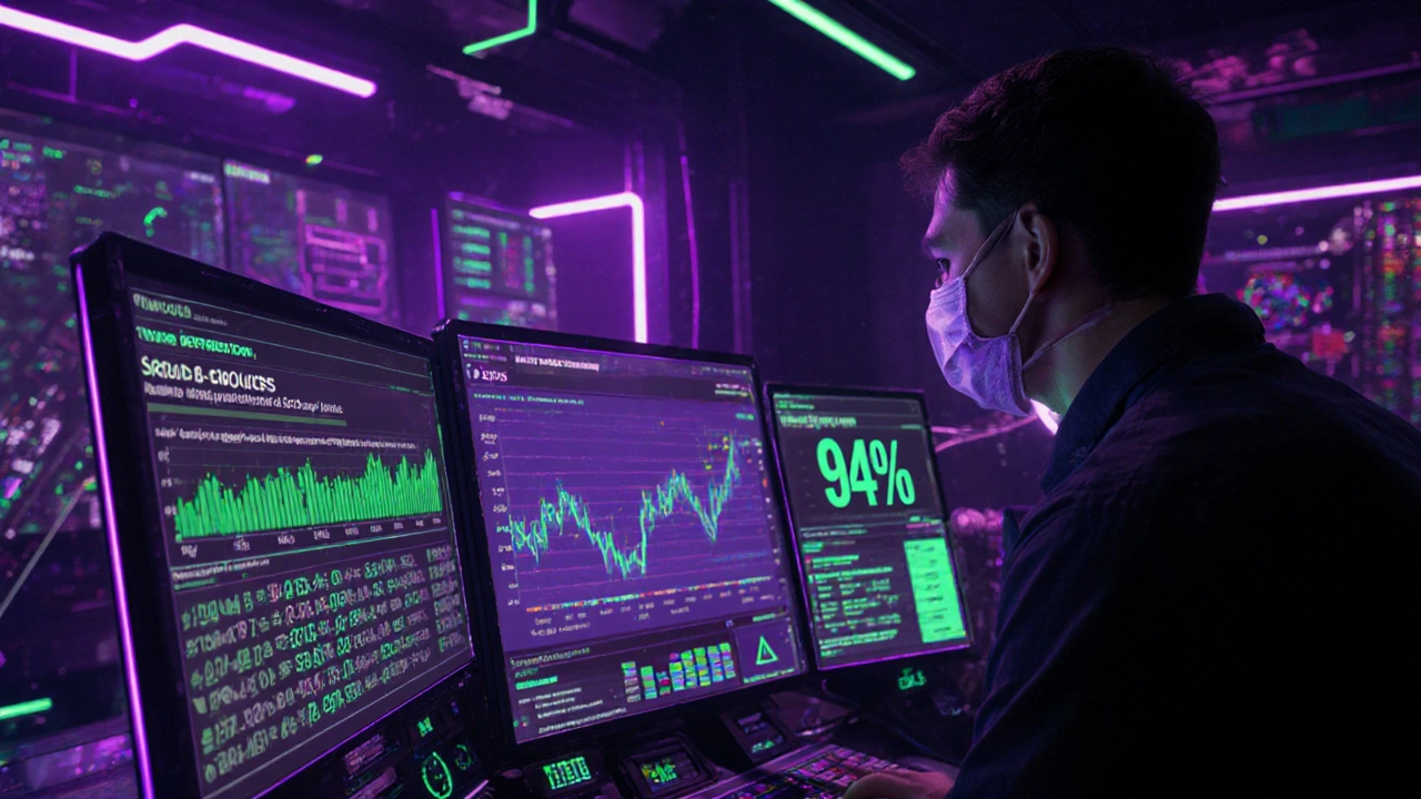 An analyst monitoring blockchain fraud signals on glowing digital dashboards.