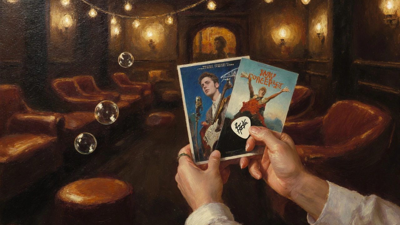 Close-up of hands holding signed concert memorabilia in a softly lit VIP lounge.