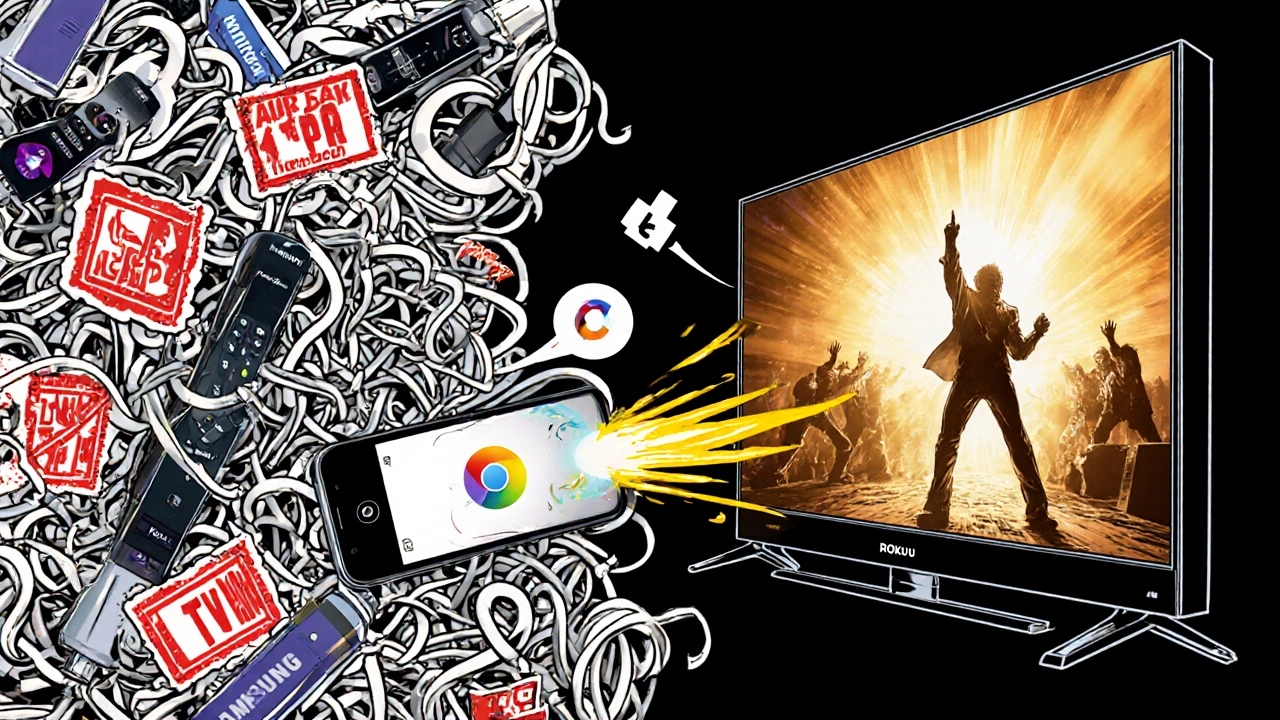 Comic-style battle showing incompatible TVs vs. smartphone casting to a TV.