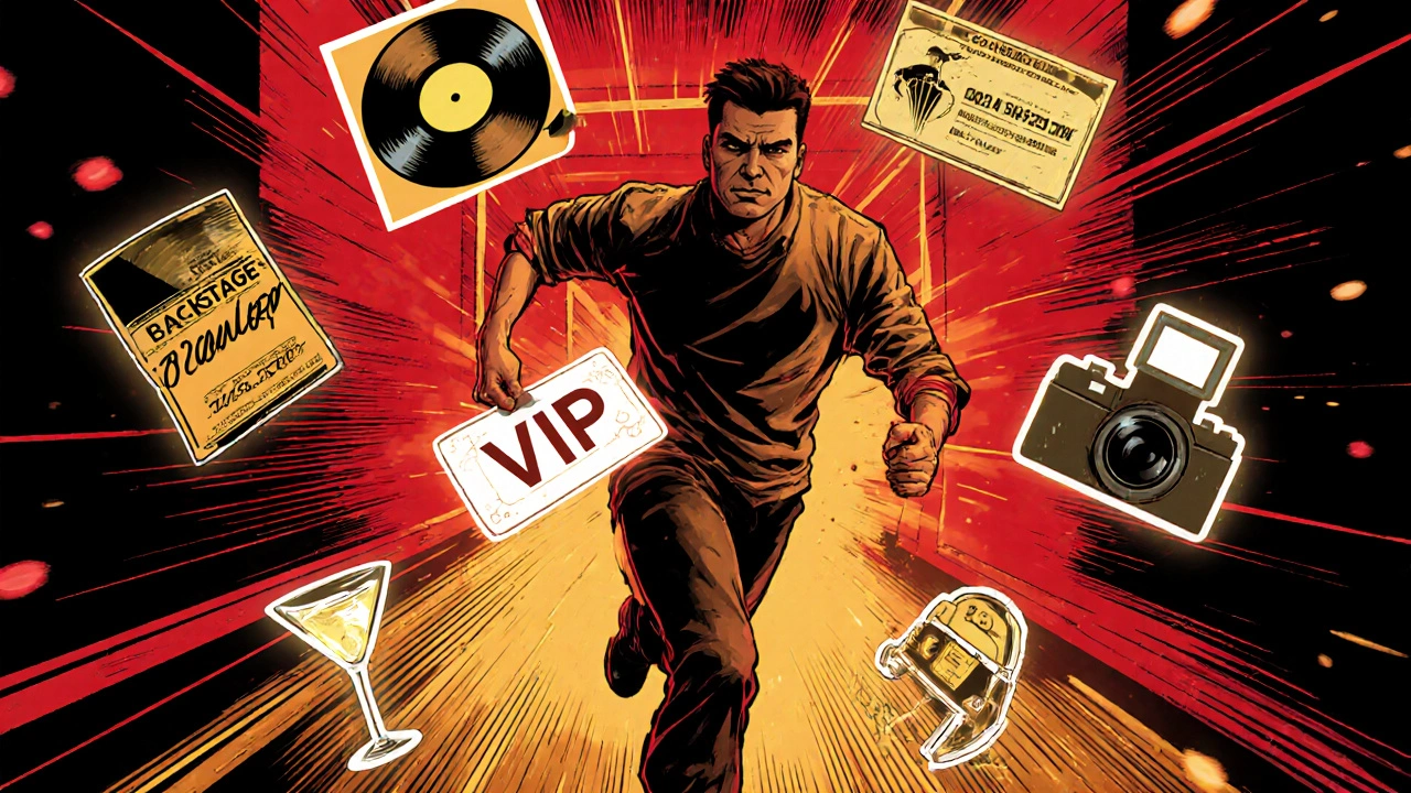 Comic-style fan rushing through a neon corridor with floating VIP perks around them.