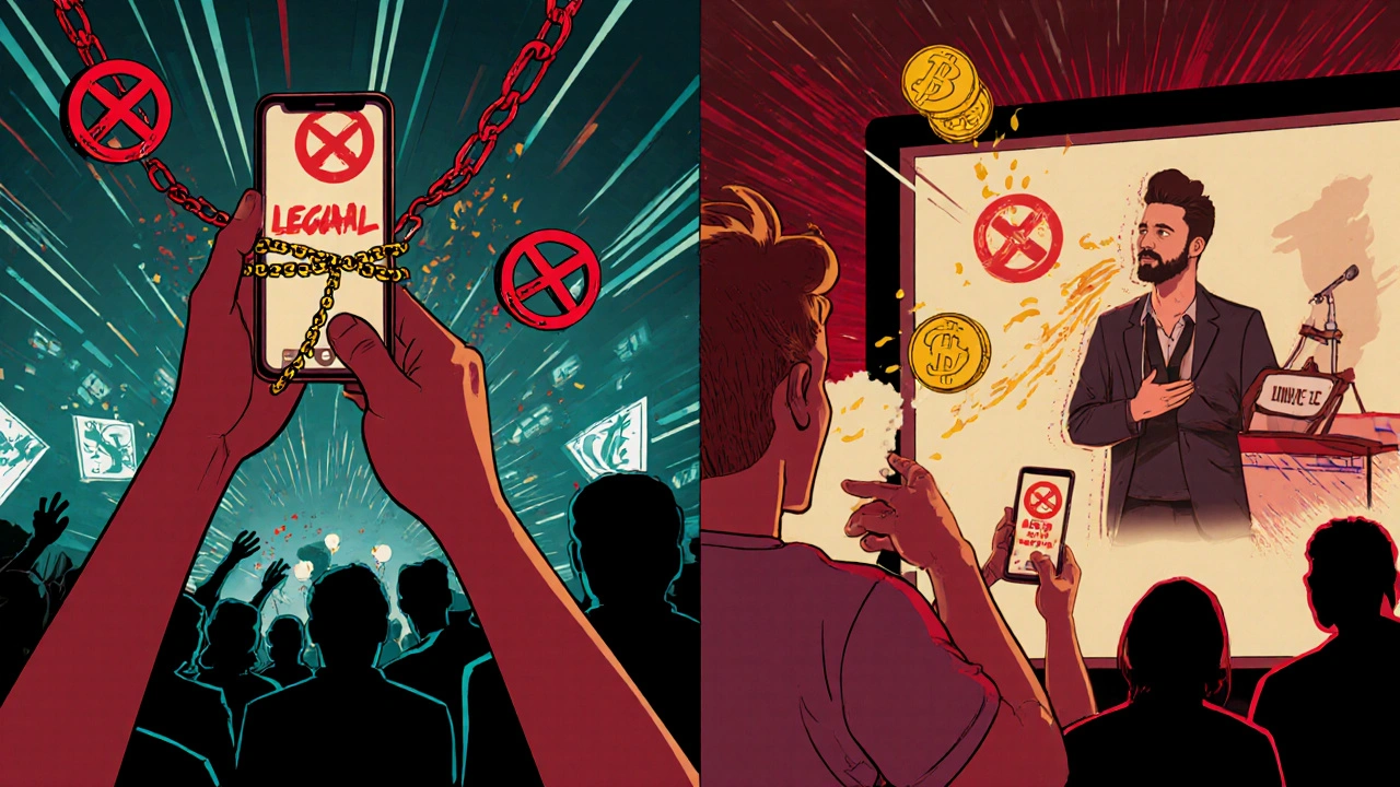 Comic-style split scene: illegal recording vs. supporting artist through official stream.