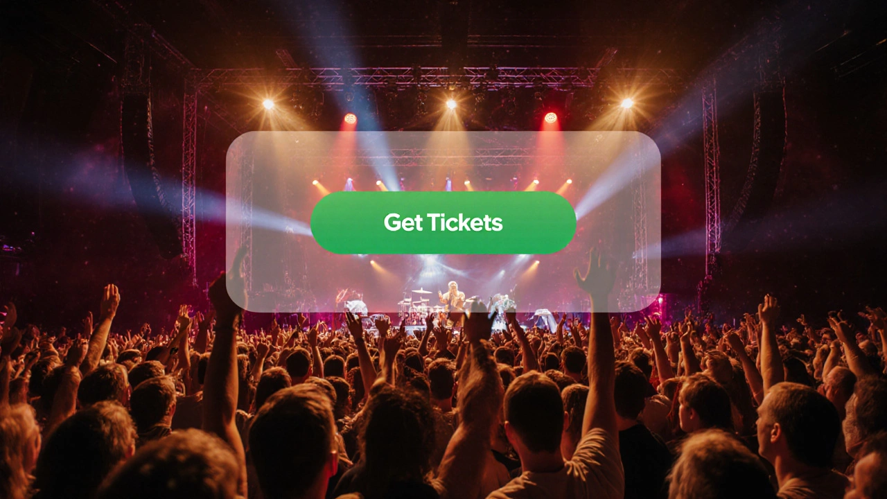 Crowd at a live concert with Spotify&#039;s ticket button floating above the stage.