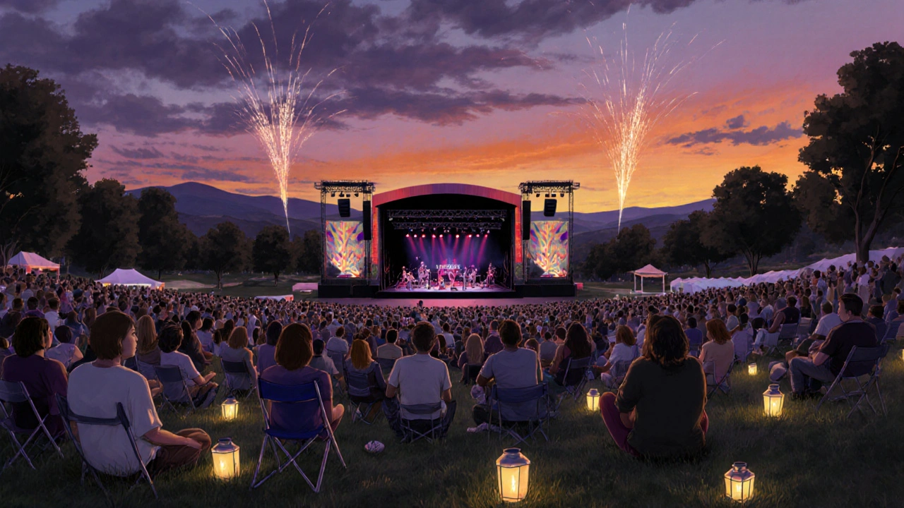 Crowd relaxing on a grassy hill behind a festival stage, enjoying music with lanterns and pyrotechnics lighting the night.