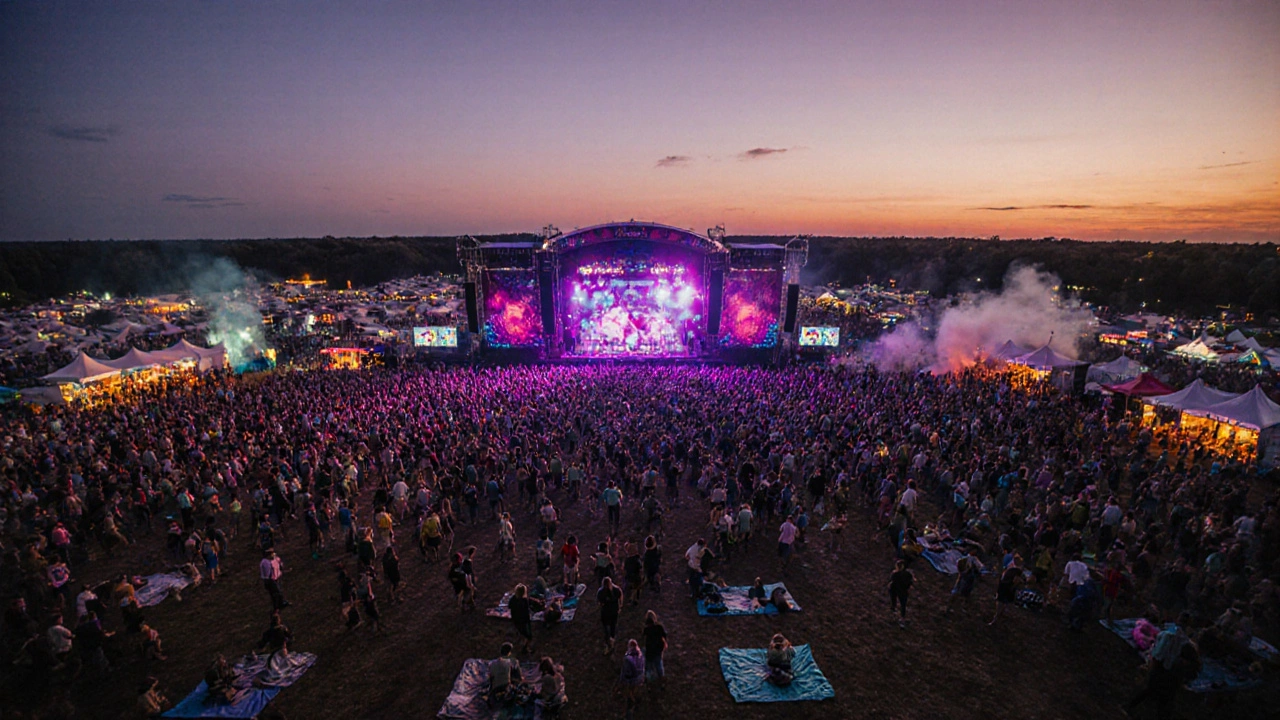Crowds dancing at a large music festival with multiple stages and colorful lights at dusk.