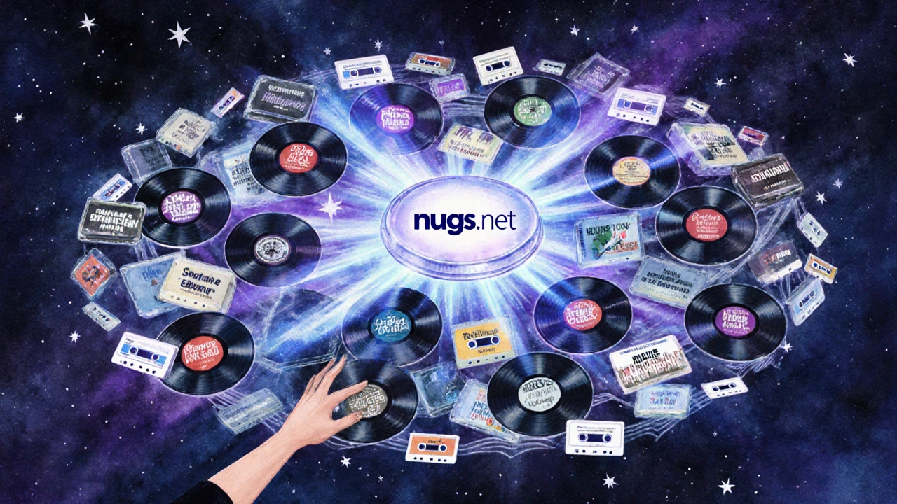 Digital archive of live music recordings glowing in space, connected to a central hub.