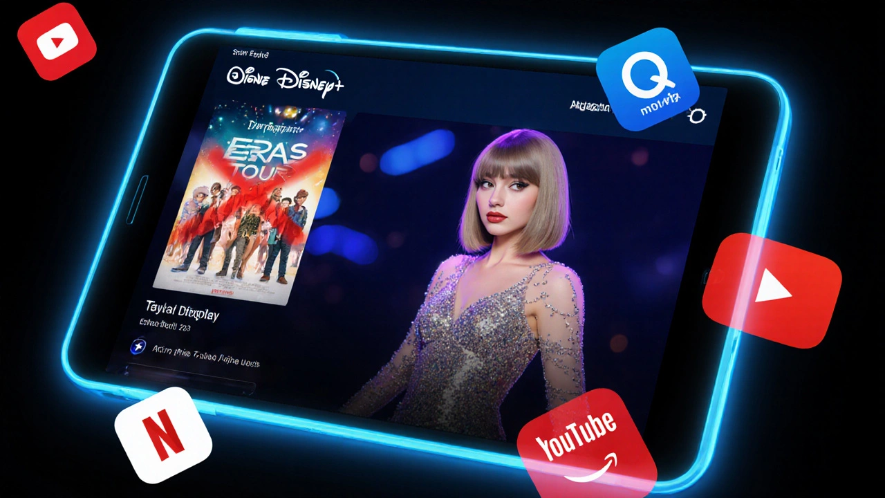 Disney+ app showing Eras Tour movie with other streaming services faded and crossed out.