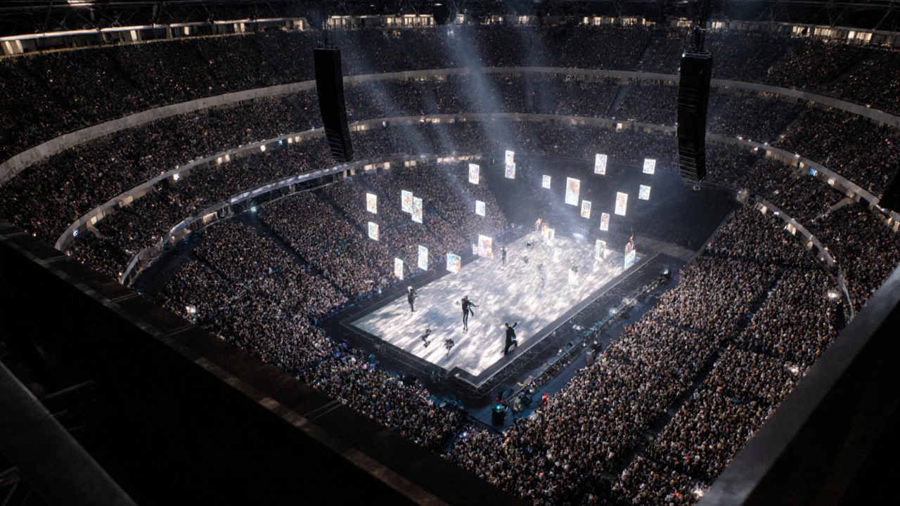 Elevated balcony view showing the entire concert stage and crowd below in a sweeping, immersive scene.