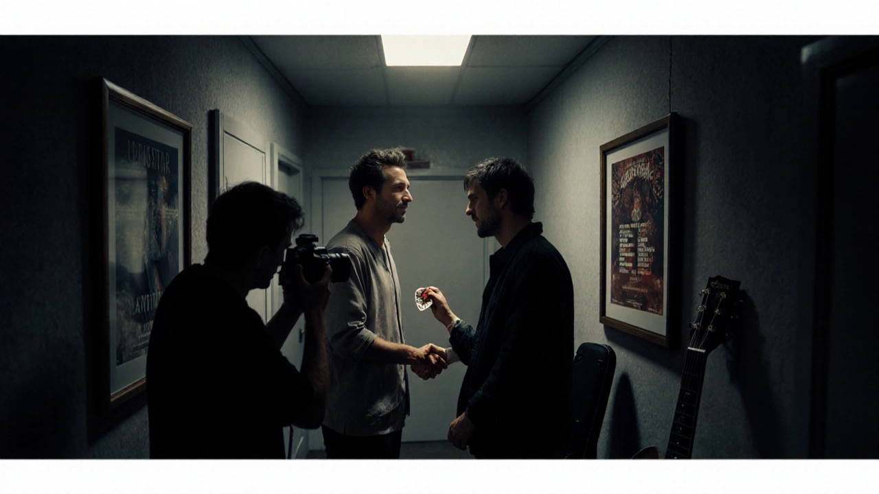 Fan meeting artist backstage as photo is taken, holding personalized guitar pick.