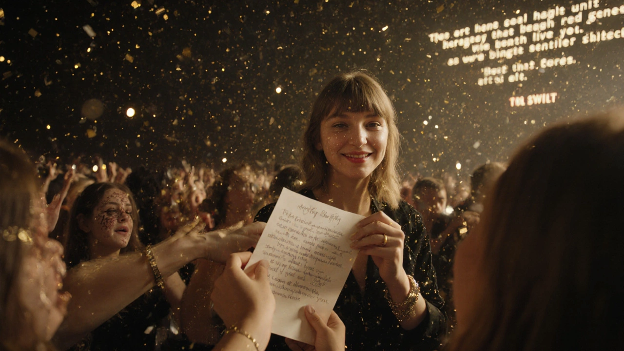 Fan receiving handwritten note from Taylor Swift during concert, tears, glitter, stage lights in background.