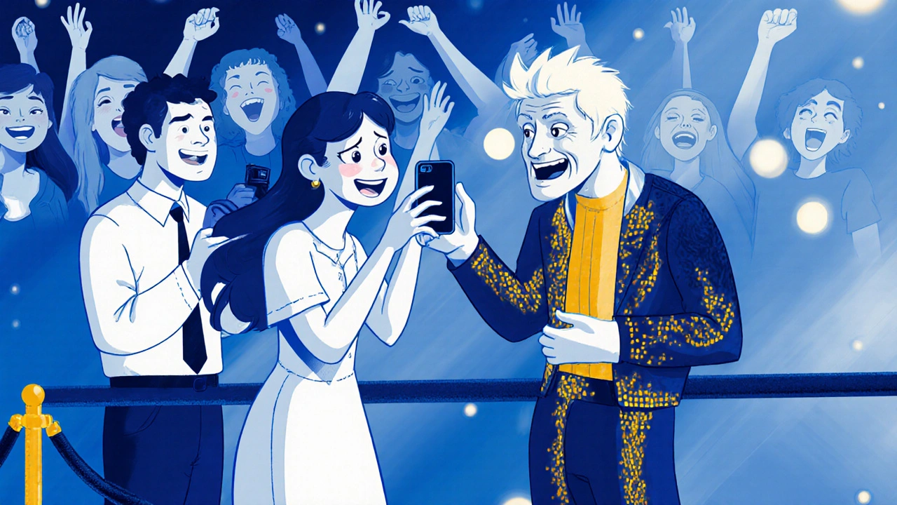 Fan smiling as musician takes a quick photo during a supervised meet-and-greet.