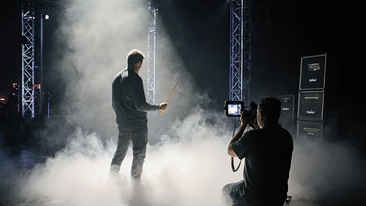 Fan standing on stage with a drumstick, photographed during a backstage experience.